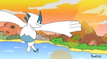 Lugia voando sobre o mar
